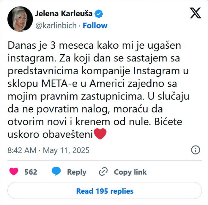 Jelena Karleuša ide u SAD zbog Instagrama: Traži povratak ugašenog profila