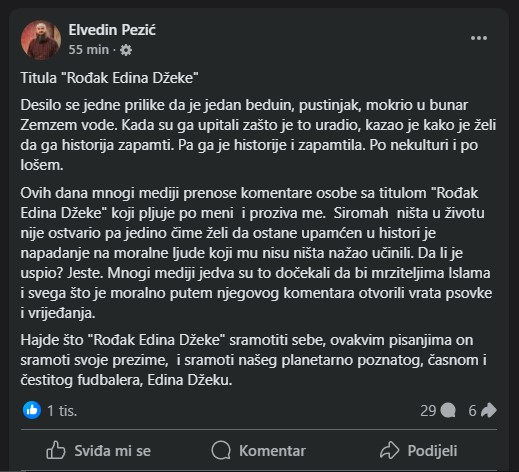 Sukob na društvenim mrežama: Rođak Edina Džeke kritikovao šejha Pezića, uslijedio žestok odgovor