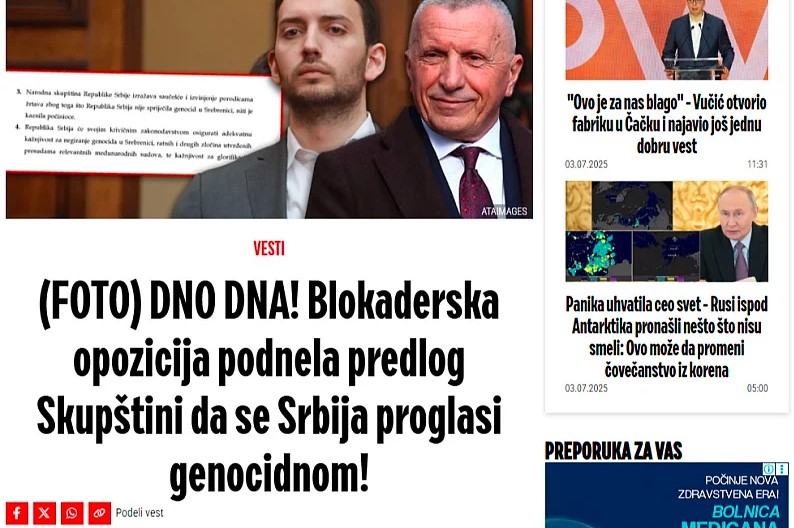 U Skupštini Srbije predložena rezolucija o genocidu u Srebrenici, burne reakcije režimskih medija