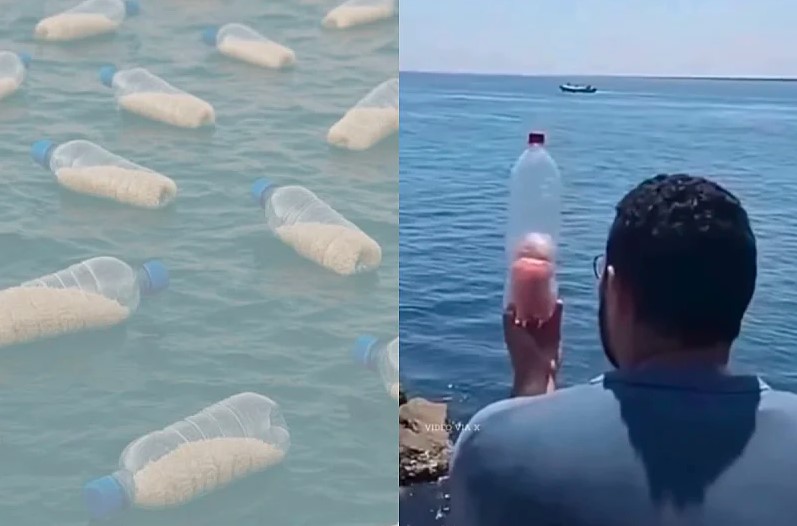 U nadi da stignu do Gaze: Egipćanin baca plastične boce pune hrane u more