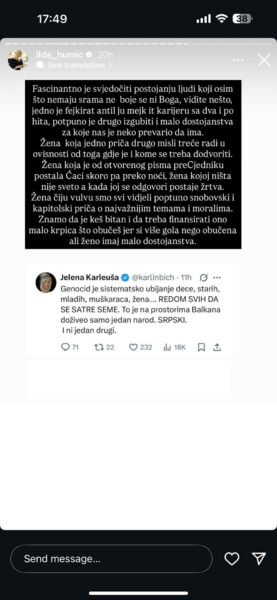 Karleušin sramotan tweet o Srebrenici razbijesnio Ildu Humić i Hanu Hadžiavdagić: Brutalne reakcije bh. influenserica