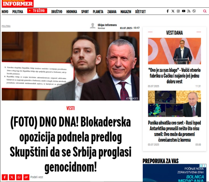 U Skupštini Srbije predložena rezolucija o genocidu u Srebrenici, burne reakcije režimskih medija