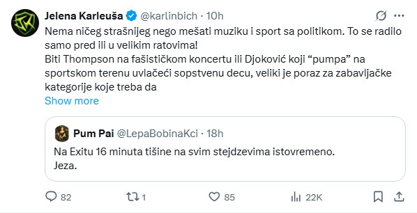 Karleuša uporedila Novaka Đokovića i Thompsona: "Muzika i sport nisu mjesto za politiku"