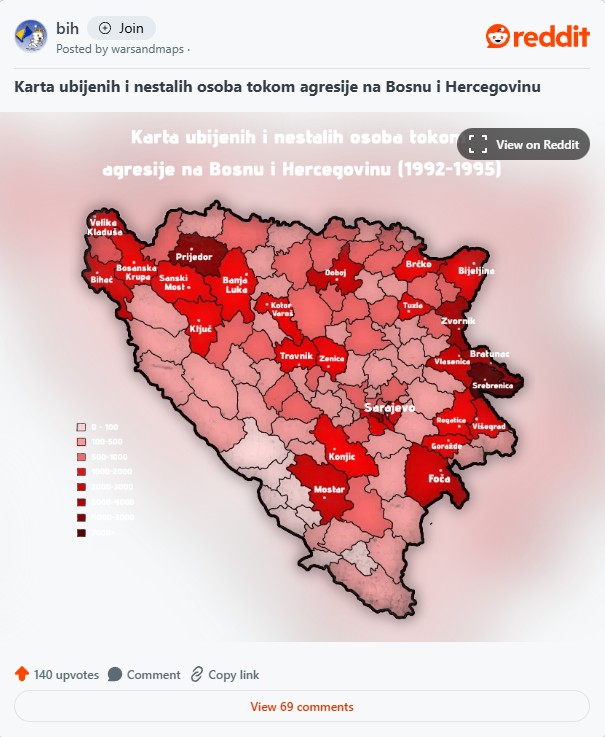 Mapa ratnih žrtava u BiH šokirala regiju: Tamnocrvene općine svjedoče o najvećem stradanju