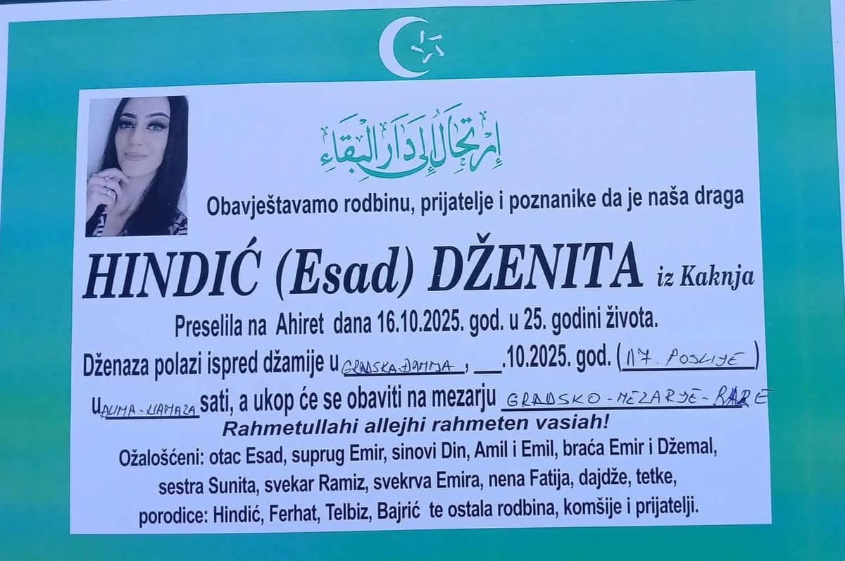 Tuga u Kaknju: Preminula mlada Dženita Hindić