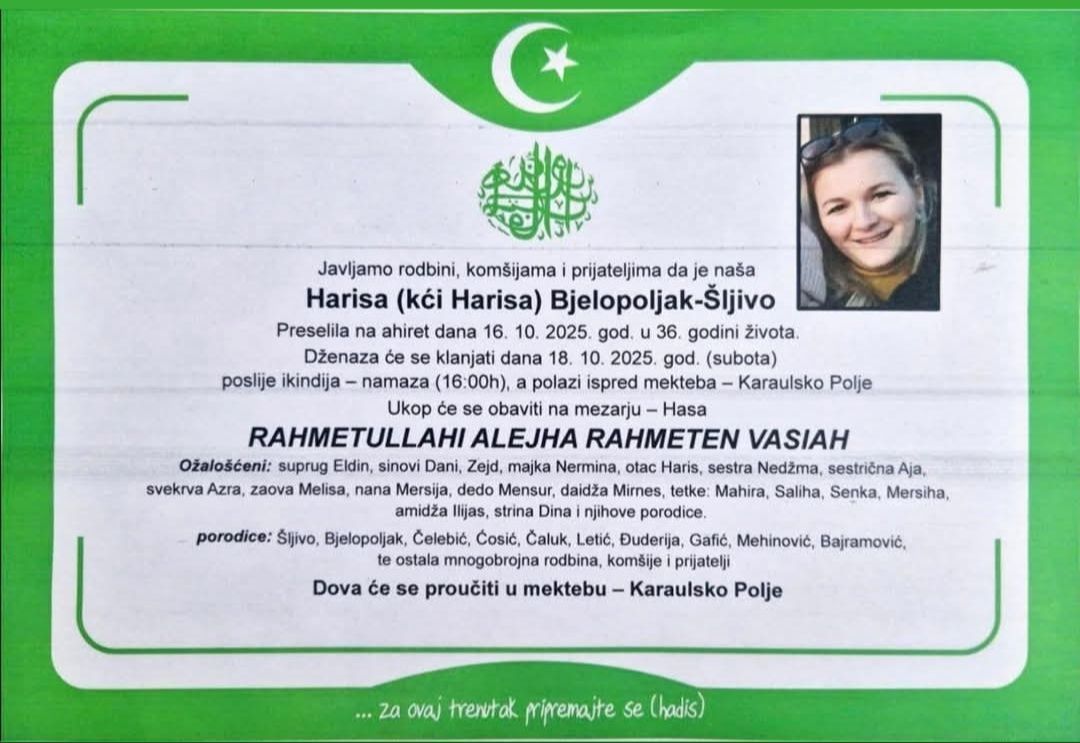 Kakanj u suzama: Preminula mlada majka Harisa Bjelopoljak-Šljivo